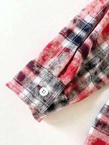 SHEIN Tween Girls Red Plaid Long Polyester Shirt Blouse With Drop Shoulder Sleeves And Asymmetrical Hem Everyday Casual Style Blouse - Red - View 9