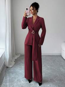 Elenzga 女款優雅休閒洗鍊夏季辦公通勤兩件套西裝套裝：長袖西裝外套＋寬腿長褲，酒紅色，教師節 - 酒紅色 - 查看 3