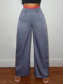 SHEIN SXY Pantalon ample à taille haute et jambes larges rayé pour femmes, pantalon à la mode pour femmes, élégant, décontracté chic, pour femmes, enseignantes - Multicolore - Voir 1