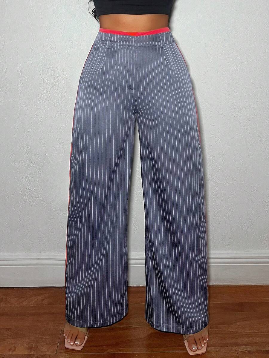 SHEIN SXY Pantalon ample à taille haute et jambes larges rayé pour femmes, pantalon à la mode pour femmes, élégant, décontracté chic, pour femmes, enseignantes - Multicolore - Voir 1