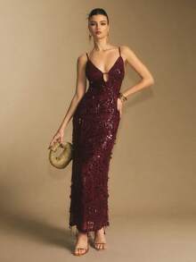 Poéselle 女式花卉亮片镂空紧身性感优雅中长款吊带裙 - 酒紅色 - 查看 7