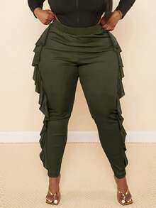 Slaydiva Slayr Plus Elegant & Party Solid Color Slim Fit Side Ruffle Splice Ribbed Fabric Women Plus Size Long Pants - Army Green - View 6