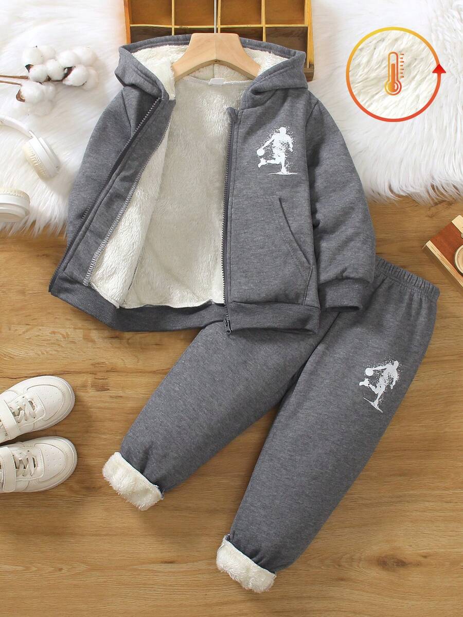 SHEIN Genkimix Kids 2 件套可爱卡通印花拉链连帽衫和慢跑裤套装,休闲街头服饰,舒适秋冬 - 深灰色 - 查看 1