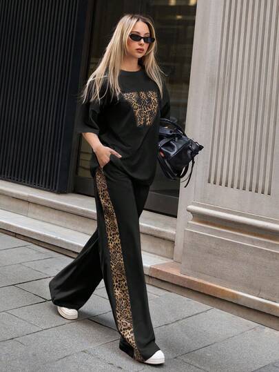 EURMUSE Plus Size Solid Color Leopard Patch Detailed Short Sleeve Drop Shoulder Top T-Shirt And Side Leopard Panel Detailed Wide Leg Sweatpants 2 Pieces Outfits Co Ords Weekend Outfit Relax Comfy Leisure