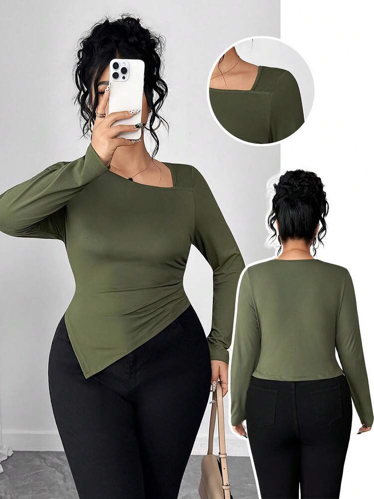 Elenzga Plus Size Casual Solid Color Asymmetric Long Sleeve T-Shirt, Autumn - Army Green - View 1