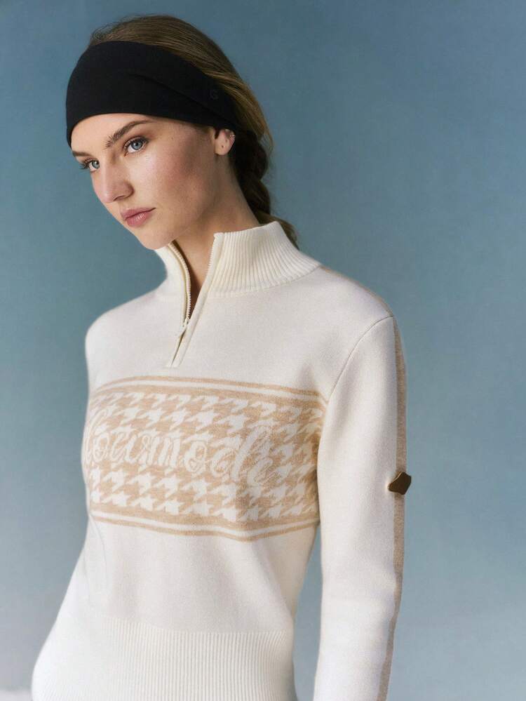 Colección de esquí Chaqueta de cuello alto con cremallera de 1/4, ajustada, de tejido jacquard de pata de gallo, suave, cálida y acogedora, para usar en otoño e invierno en exteriores y esquiar