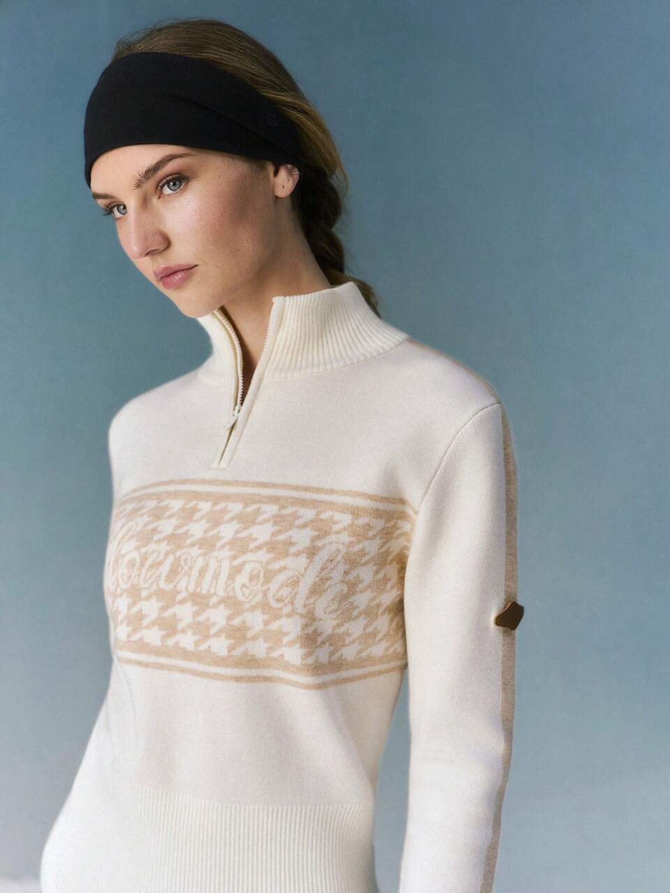 Skiing Collection Snowbound Soft Warm Cozy Houndstooth Jacquard High Neck Quarter-Zip Fitted Sweater Autumn Winter Outdoors Skiing Wear