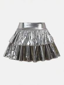 SHEIN Tween Girl Casual Black & Silver Polyester Layered Skirt With Plain Pattern, Black Ruffle Skirt, Ruffle Skirt, Black Skirt, Silver-Gray Skirt, With Pleated Hem Knee-Length Skirt, Casual Street Style, Back To School, Homecoming Silver Skirt Y2k Skirt