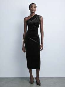 Maija Sukienka damska z asymetrycznymi ramionami i ściągaczem w talii, w jednolitym kolorze, do pracy w mieście, na co dzień, do biura, elegancka sukienka na imprezę świąteczną, sukienka noworoczna