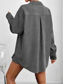 Corduroy Shirt Pleated Skirt Two Pieces Set - Grey - View 2