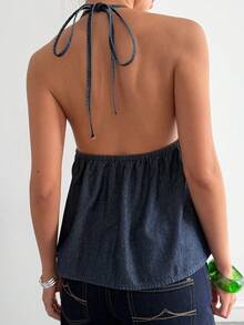 DAZY Women's Summer Halter Tie Waist Bowknot Denim Blouse, Vacation Style - Medium Wash - View 5
