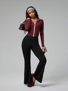 Dewbera Women's Elegant White Autumn Modest Gym Workout Zip-Up Contrast Color Stand Collar Long Sleeve Fitted Yoga Sports Jacket Spandex Cropped Tight Shirt - Burgundy - View 6
