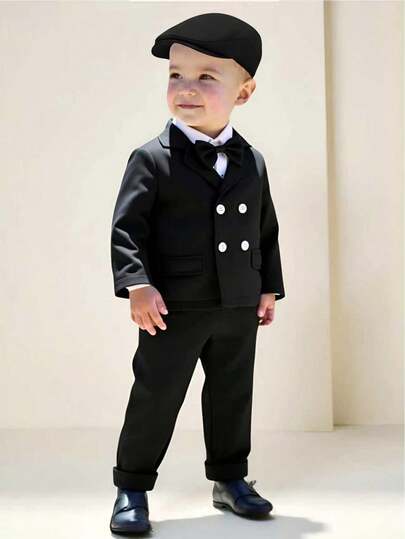 SHEIN 4 件套男婴绅士西装套装：白色长袖衬衫配领结 + 休闲宽松双排扣长袖西装外套 + 松紧腰吊带裤 + 帽子，优雅正式服装，适合婚礼、生日派对、周年纪念、毕业典礼、引座员、戒指持有人