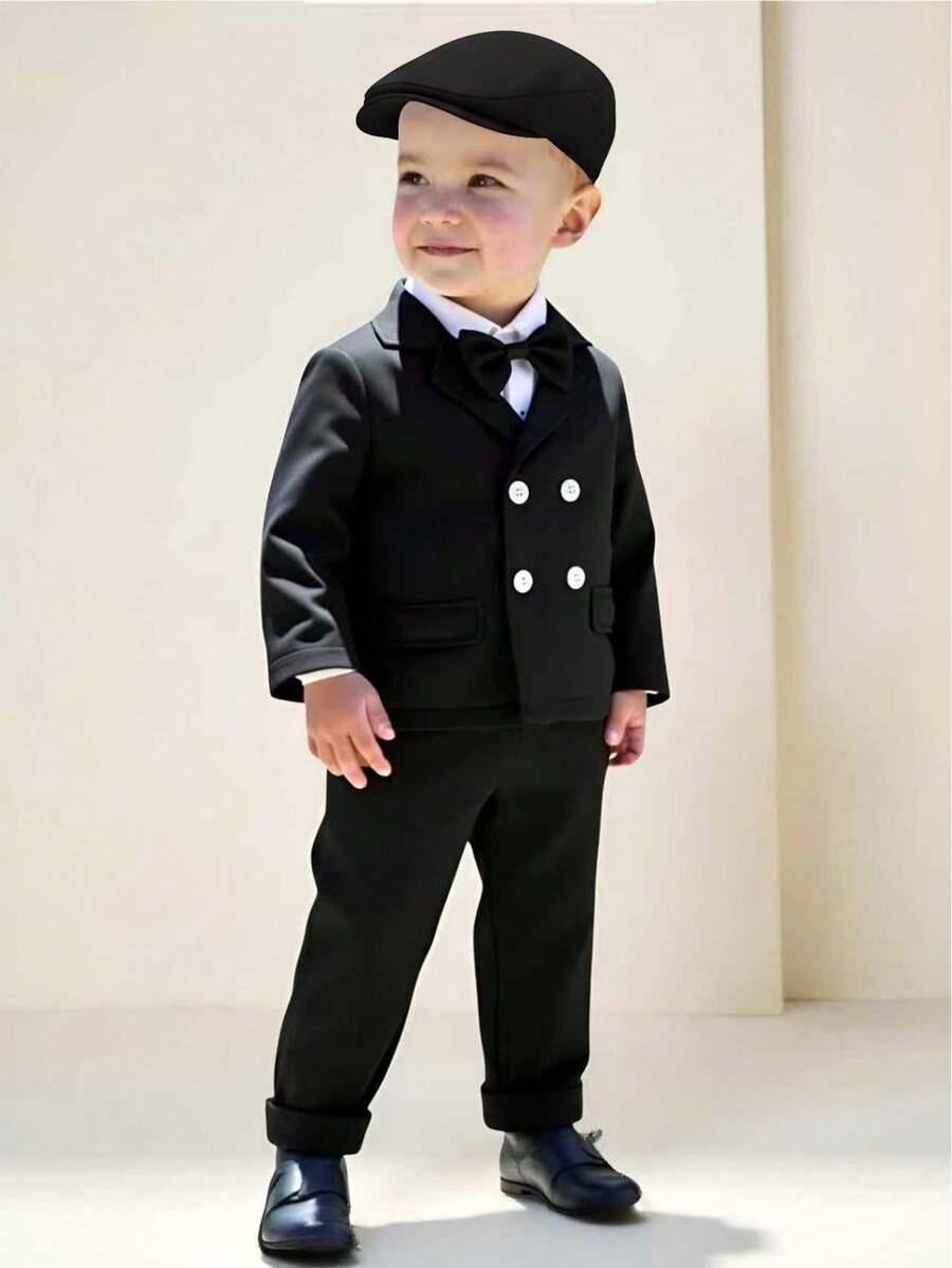 SHEIN 4 件套男婴绅士西装套装：白色长袖衬衫配领结 + 休闲宽松双排扣长袖西装外套 + 松紧腰吊带裤 + 帽子，优雅正式服装，适合婚礼、生日派对、周年纪念、毕业典礼、引座员、戒指持有人 - 黑色 - 查看 1