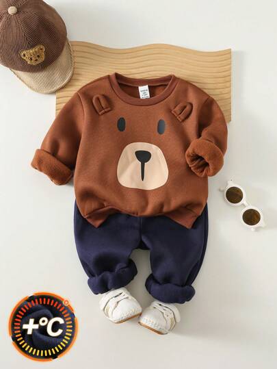 SHEIN 2 件套男婴/女婴可爱熊动物卡通印花长袖运动衫和裤子运动服，适合秋冬休闲