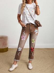 EMERY ROSE Plus Size Colorful Floral Embroidered Jeans - Coffee Brown - View 6