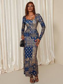 Eryvara Women's African Print Fitted Long Dress Royal Blue Elegant Dress Women Luxury Dress For Women Long Sleeve Maxi Dress Women - Multicolor - View 4