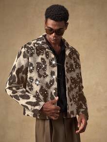 AKNOTIC 男士豹纹水钻装饰休闲长袖夹克外套