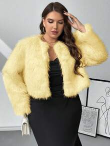 SHEIN Privé 秋冬大码女式仿皮草无领夹克 - 鵝黃色 - 查看 6