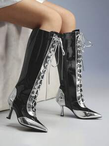 CUCCOO GRLICON Giày bốt cao đến đầu gối buộc dây kiểu dáng đua xe, mũi nhọn, màu sắc rực rỡ dành cho nữ, thích hợp cho Giáng sinh, Halloween, phong cách Y2K, Giáng sinh, Lễ tạ ơn, tiệc năm mới - màu đen - Xem 5