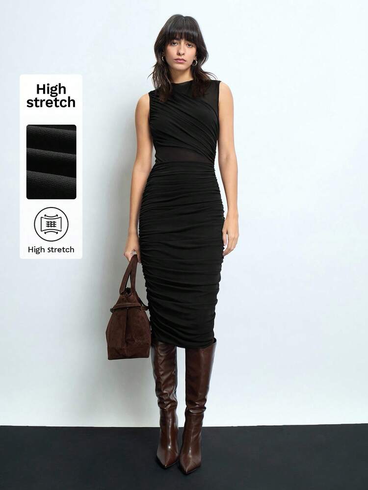 SHEIN Maija Women's Solid Color Pleated Sleeveless Midi Dress, Minimalist And Elegant, Blending Elegant And Retro Elements, Suitable For Urban Commuting, Business Casual And Office Wear. Whether It Is A New Year's Party Or A Daily Gathering, This Black Dress Can Showcase A Woman's Refined Style And Fashionable Taste, Making It A Versatile And Preferred Choice For Multiple Occasions.