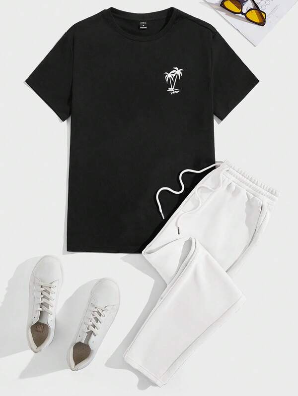 Manfinity VCAY Men's Casual Coconut Tree Print Round Neck T-Shirt And Pants Set