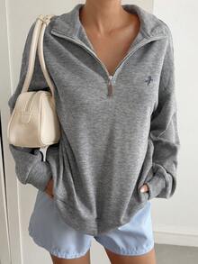 Livesso Sudadera de mujer con cuello alto, media cremallera, estampado de dibujos animados, estilo casual de negocios elegante de calle, forrada térmicamente para otoño/invierno - Gris - Ver 2