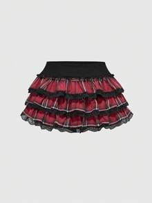 ROMWE Avant Y2K Retro Plaid Cute Sweet Cake Skirt For Women, Suitable For Halloween - Red - View 3