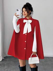 Elenzga Fashionable Casual French Retro Elegant Pearl Button Bow Cloak Overcoat - Red and White - View 5