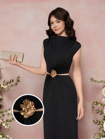 Pitira Pitira 少女黑色镂空金属花朵装饰花卉装饰连衣裙，腰部设计，修身连衣裙，优雅复古连衣裙，派对和节日