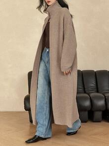 Dazy-Less 女士优雅长款开衫，休闲商务风格，秋冬 - 卡其色 - 查看 4