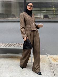 DAZY 秋冬季纹理扎染宽松商务休闲优雅街头时尚外套及阔腿裤套装，女士时尚休闲套装 - 橄欖綠 - 查看 4