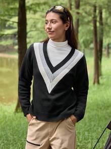 In My Nature Damen V-Ausschnitt Langarm Kontrast Farbblock Pullover Sweater, Herbst/Winter - Schwarz und Weiss - Übersicht 7