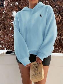 SHEIN Leap Crew Sudadera con capucha con bordado de caballo para niña preadolescente en otoño/invierno - Celeste - Ver 4