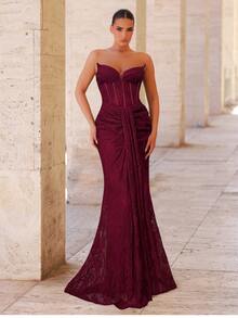 Glamrae Elegant Luxurious Stretchy Lace Sheer Backless Ruched Mermaid Gown,Suitable For Weddings,Parties,Vacations,Galas,Formal Occasions (Heavy-Duty) - Burgundy - View 7