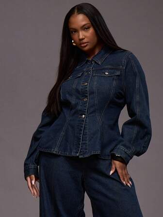 MUSERA Plus Contrast Stitch Cinched Waist Button Through Denim Jacket Autumn Winter Everyday Casual Cool Girl Streetwear Uncut