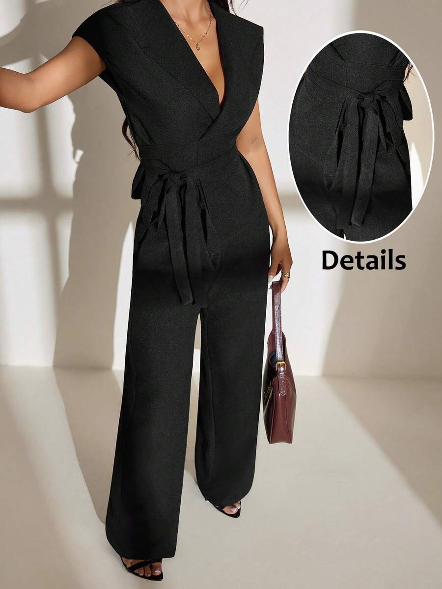 SHEIN PETITE 2pcs Women Elegant Solid Color Twist Front Short Sleeve Blazer And Pants Suit Set Black 2 Pieces Set In Fall/Winter - Black - View 1