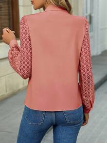 SHEIN Clasi 女式 V 领撞色蕾丝长袖优雅衬衫 - 西瓜粉 - 查看 2