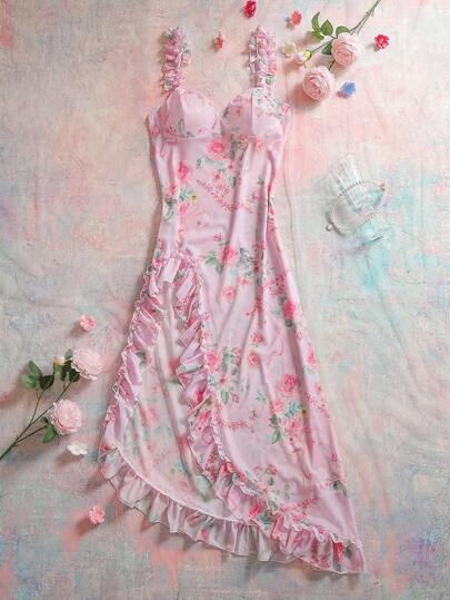 FloralLove Camisola feminina elegante com estampa floral e babados e fenda