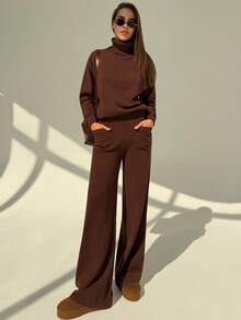Aloruh Nuovo set di maglioni vintage a maglia circolare minimalista, silhouette con collo alto morbido, adatto dall'inizio dell'autunno fino al pieno inverno - Castano - Visualizzare 1