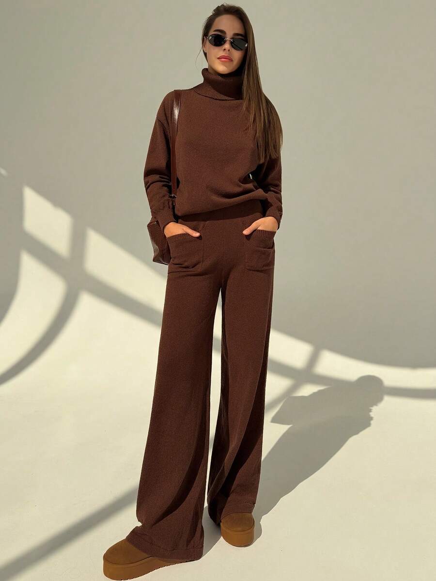 Aloruh Nuovo set di maglioni vintage a maglia circolare minimalista, silhouette con collo alto morbido, adatto dall'inizio dell'autunno fino al pieno inverno - Castano - Visualizzare 1