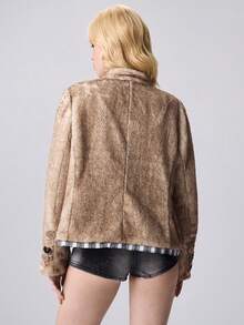 ROMWE Avant Women's Asymmetrical Button Design Long Sleeve Loose Faux Fur Jacket, Winter - Brown - View 3