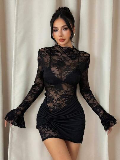 SHEIN PETITE Burgundy Sexy See-Through Lace Mini Dress, Suitable For Daily Dating, Night Out, Nightclubs, Parties, Get-Togethers, Cocktail Parties, Pool Parties, Autumn/Winter,Dresses For Women Elegant Black Dress Long Sleeve Black See Through Dress Slay Diva Dress Black Lace Bodysuit Black Sexy Dress Women,Dresses For Women Elegant,New Year Dress ,Elegant Party Dresses