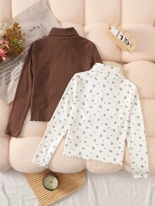 SHEIN 2pcs Tween Girls Ribbed Knit T-Shirt Set, Ditsy Floral & Solid Color, Comfortable & Soft Undershirt - Multicolor - View 2