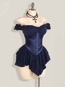 SHEIN ICON Váy ngắn chữ A bằng vải voan xếp ly jacquard màu trắng buộc eo cho nữ, dây xếp ly bèo nhún trễ vai nhiều lớp, viền bèo nhún, thanh lịch cho tiệc tùng và thường ngày - Màu xanh hải quân - Xem 5