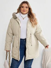 SHEIN CURVE+ Curve Plus Size Solid Colored Hooded Padded Coat With Waist Drawstring/Winter - Apricot - View 3