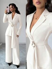 SHEIN Elenzya Bộ vest 2 món thanh lịch & tinh tế cho nữ đi làm văn phòng mùa thu/đông: Áo khoác blazer tay dài có họa tiết kim loại + Quần ống rộng, màu nâu - Màu be - Xem 1