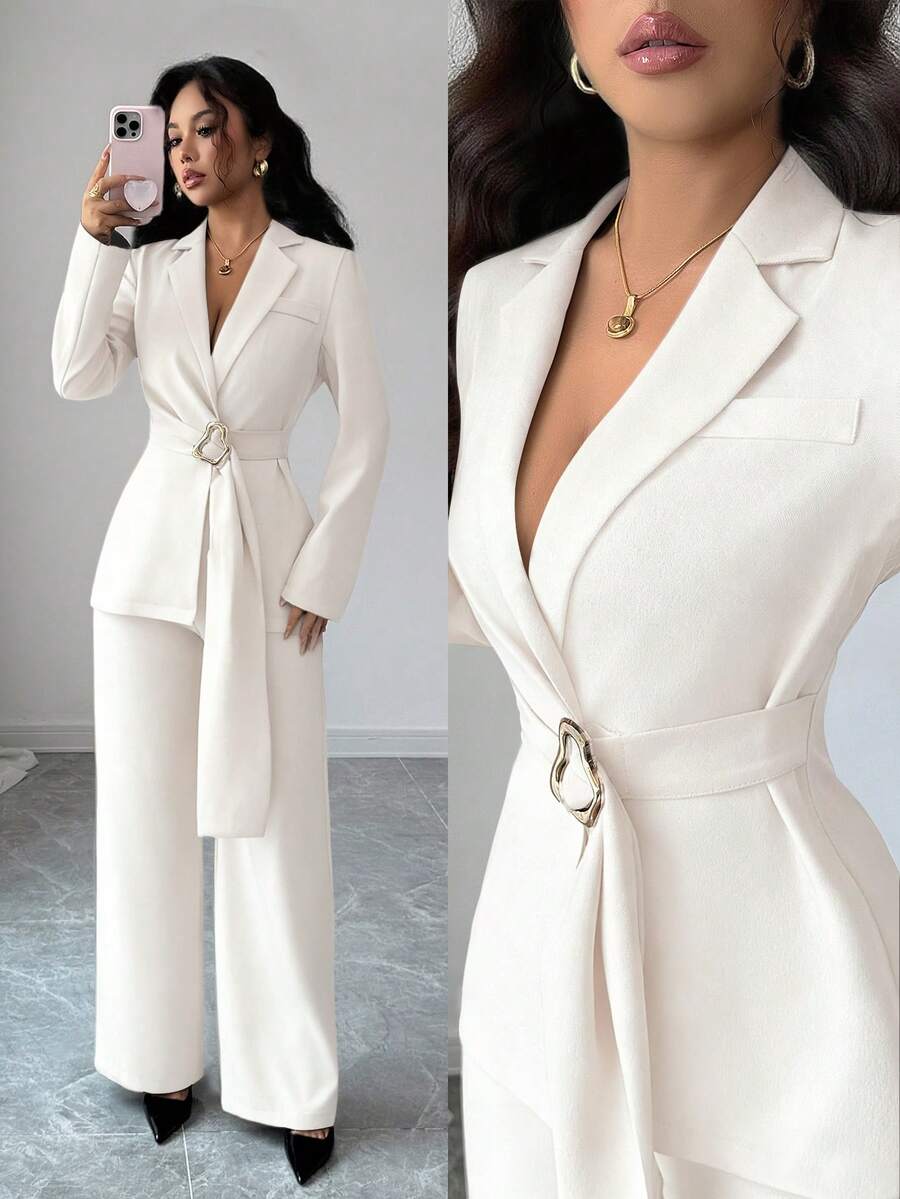 SHEIN Elenzya Bộ vest 2 món thanh lịch & tinh tế cho nữ đi làm văn phòng mùa thu/đông: Áo khoác blazer tay dài có họa tiết kim loại + Quần ống rộng, màu nâu - Màu be - Xem 1