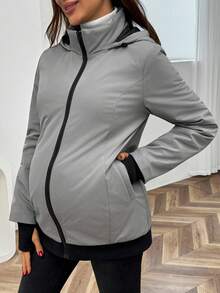 SHEIN Maternity 3-In-1 Grey Woven Fabric Hooded Coat With Extra-Long Sleeves Regular Length For Warmth