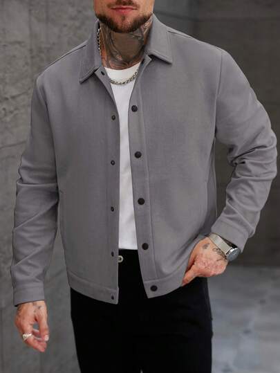 Manfinity CasualCool 男士纯色简约休闲长袖夹克，男士长袖外套，休闲男士夏季夹克，灰色夹克，灰色纽扣男士夹克
